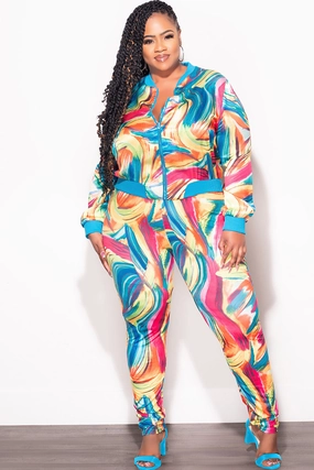 Movement Ready Fit Final Sale Plus Size 2pc Cropped Satin Zip-Up Jacket and Pants Set in Multi Color Swirl Print