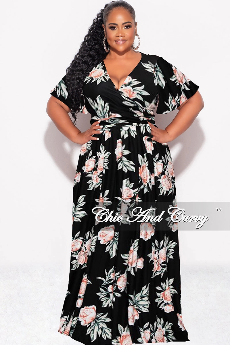 Tight Cut Final Sale Plus Size 2pc Cropped Tie Top and Skirt Set in Black Floral Print