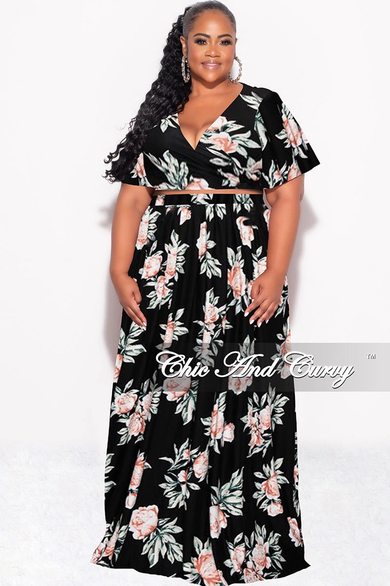 Bold Design Soft Waistband Final Sale Plus Size 2pc Cropped Tie Top and Skirt Set in Black Floral Print