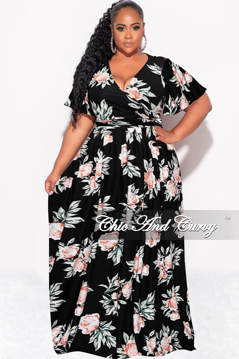 Final Sale Plus Size 2pc Cropped Tie Top and Skirt Set in Black Floral Print Stylish Look