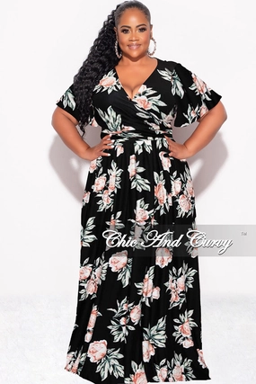 Tight Cut Final Sale Plus Size 2pc Cropped Tie Top and Skirt Set in Black Floral Print