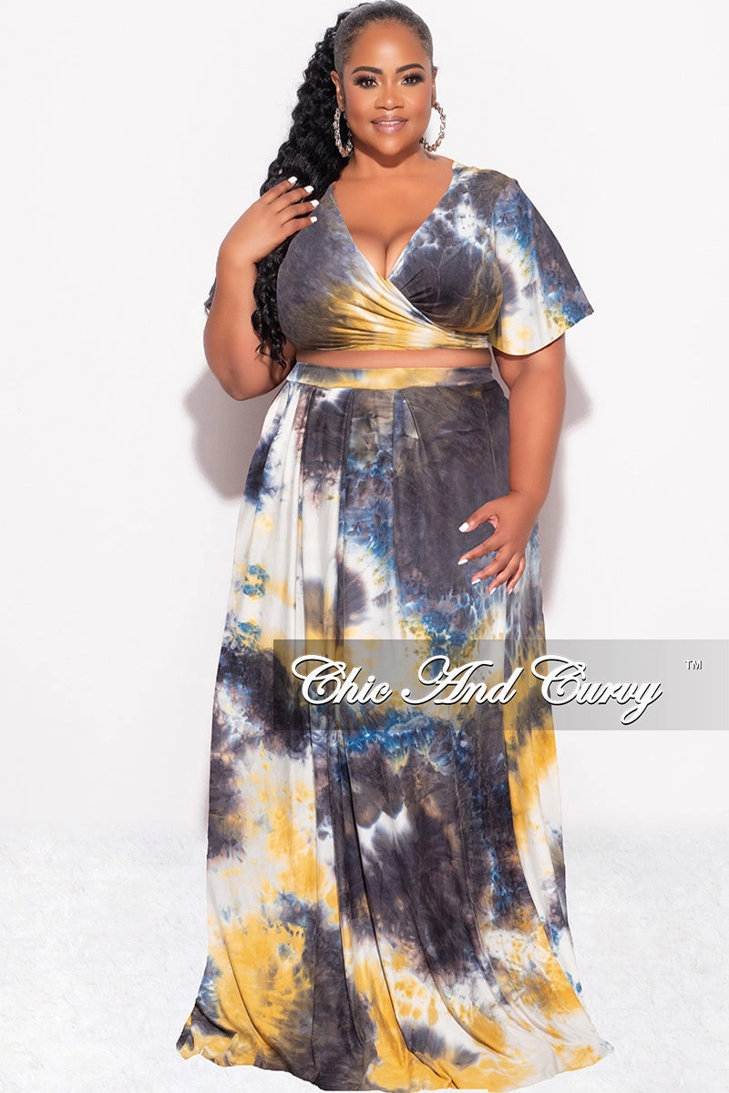 Essential Look Final Sale Plus Size 2pc Cropped Tie Top and Skirt Set in Navy & Mustard Tie Summer