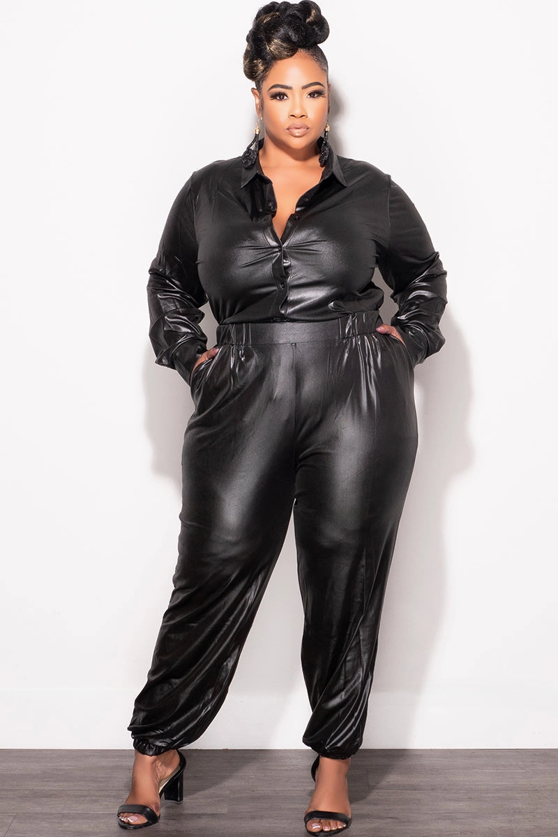 Stretch Ready Final Sale Plus Size 2pc Faux Leather Button Up Collar Top and Pants Set in Black