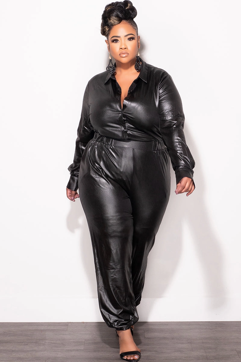 Anti Friction Lining Flexible Layer Fit Final Sale Plus Size 2pc Faux Leather Button Up Collar Top and Pants Set in Black