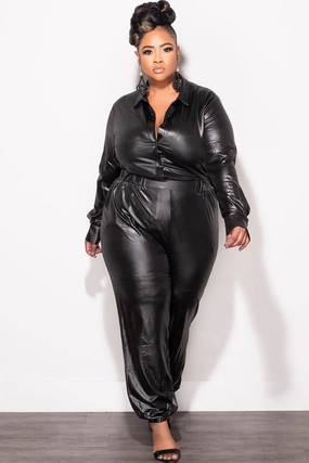 No Gap Waistband Simple Cut Final Sale Plus Size 2pc Faux Leather Button Up Collar Top and Pants Set in Black