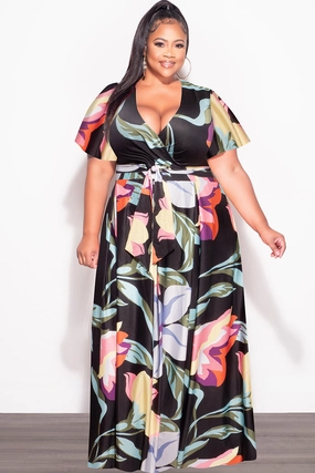 Final Sale Plus Size 2pc (Faux Wrap Crop Tie Top & Skirt) Set in  Black Multi Color Floral Print Travel Friendly Reflective Trim Options