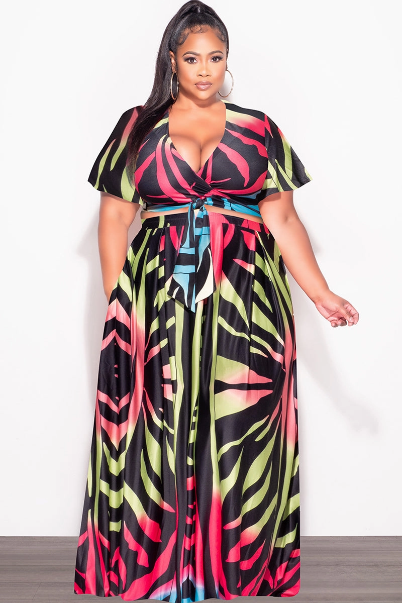 Final Sale Plus Size 2pc (Faux Wrap Crop Tie Top & Skirt) Set in Black Multi-Color Print Effortless Design Active Layers
