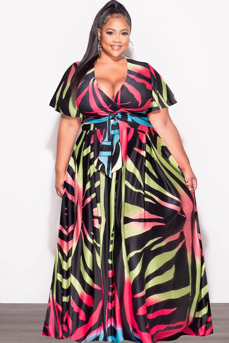Final Sale Plus Size 2pc (Faux Wrap Crop Tie Top & Skirt) Set in Black Multi-Color Print Non Slip Waistband