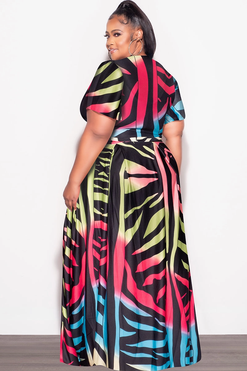 Compact Fit Final Sale Plus Size 2pc (Faux Wrap Crop Tie Top & Skirt) Set in Black Multi-Color Print