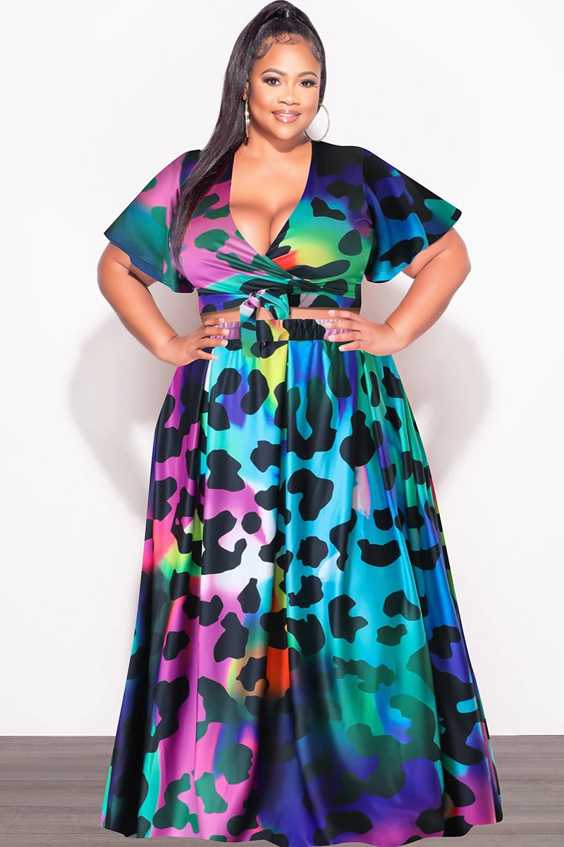 Final Sale Plus Size 2pc (Faux Wrap Crop Tie Top & Skirt) Set in Multi Color Animal Print Timeless Layers NonSlipInnerGrip