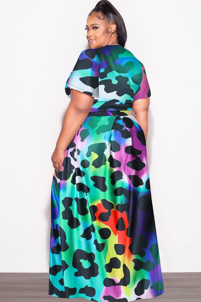 AbrasionResistantFabric ReinforcedHemline Final Sale Plus Size 2pc (Faux Wrap Crop Tie Top & Skirt) Set in Multi Color Animal Print