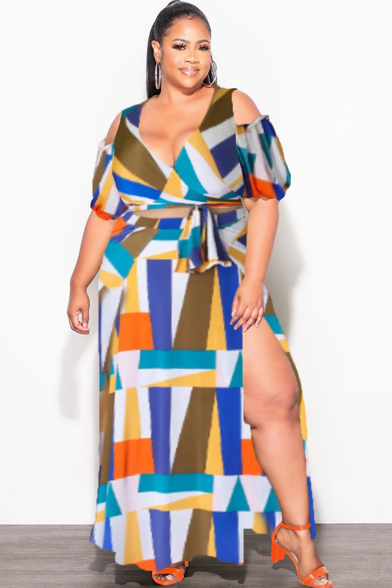 Trendy Look Final Sale Plus Size 2pc Faux Wrap Crop Tie Top and Double Slit Skirt Set in Multi Color Design Print