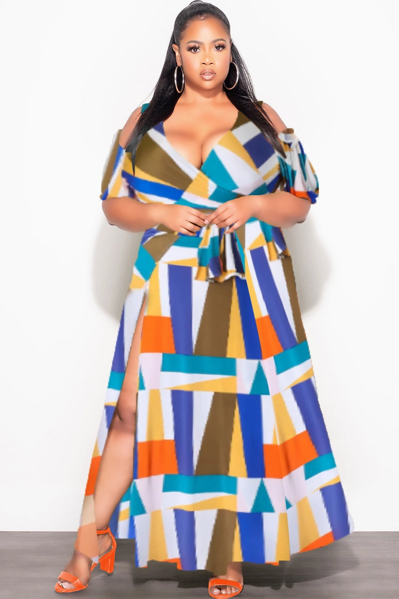 Wrinkle resistant fabric Slim Silhouette Final Sale Plus Size 2pc Faux Wrap Crop Tie Top and Double Slit Skirt Set in Multi Color Design Print
