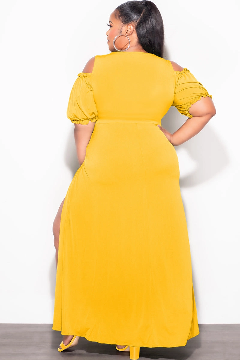 Supportive Waistband TaperedLeg Final Sale Plus Size 2pc Faux Wrap Crop Tie Top And Double Slit Skirt Set in Mustard