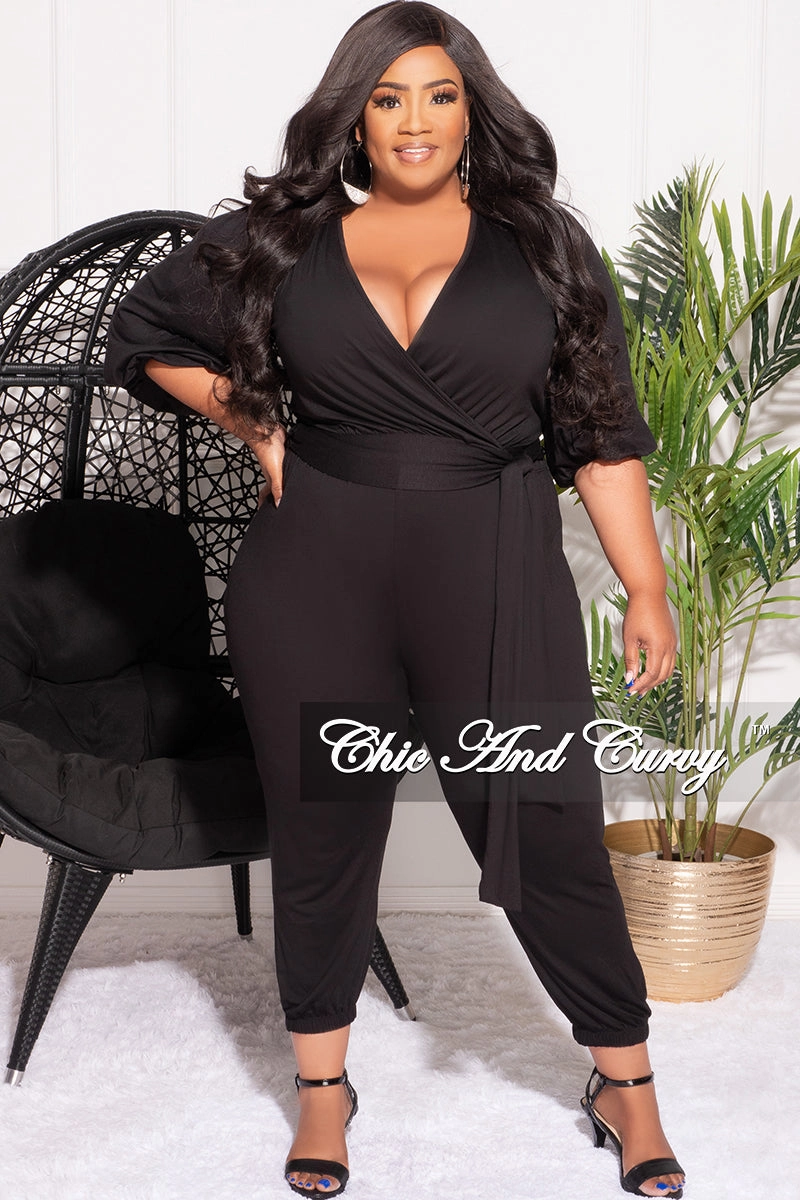 Anti Static Fabric WrinkleFreeFinish Final Sale Plus Size 2pc Faux Wrap Tie Top and Pants Set in Black