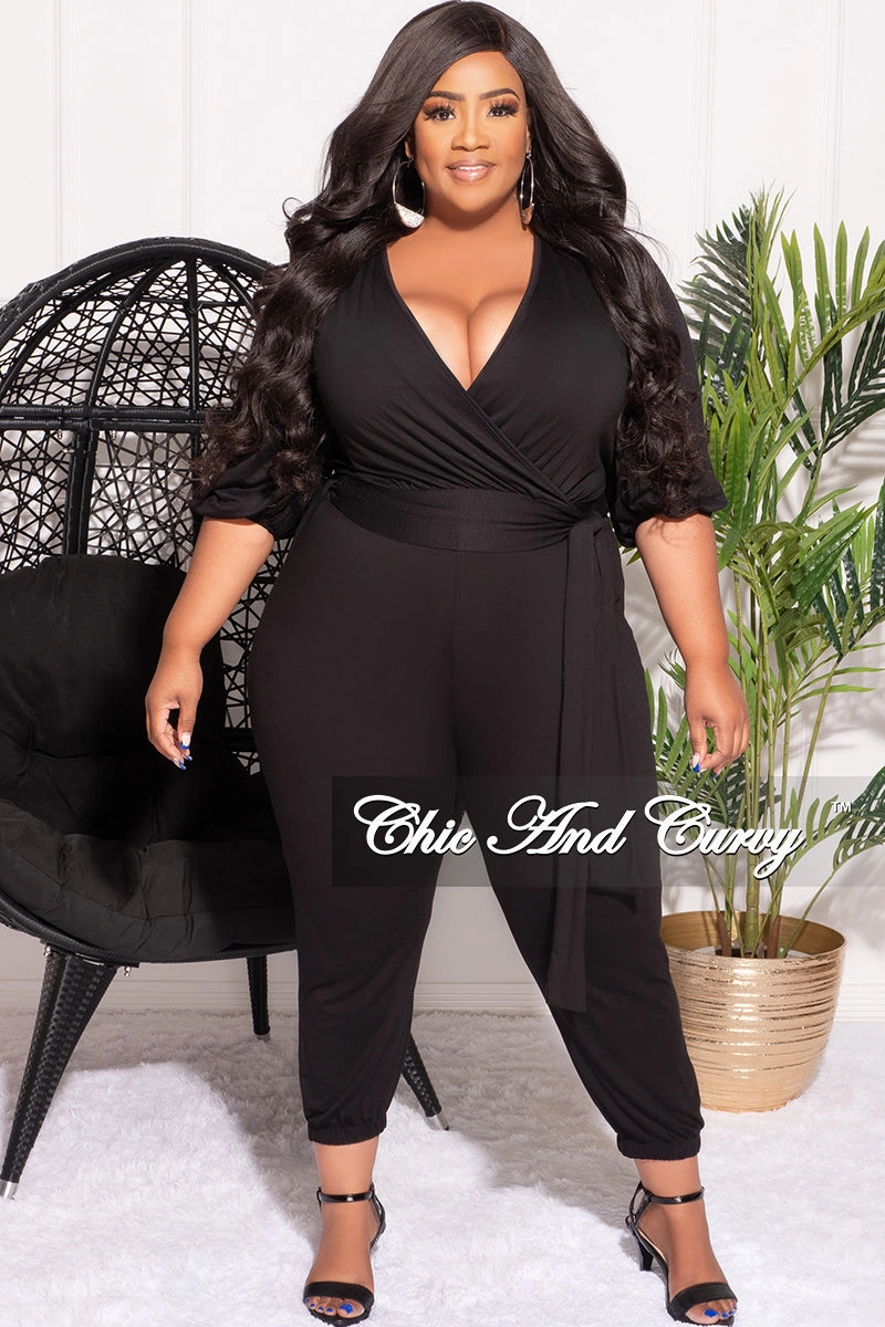 Final Sale Plus Size 2pc Faux Wrap Tie Top and Pants Set in Black Anti Odor Treatment