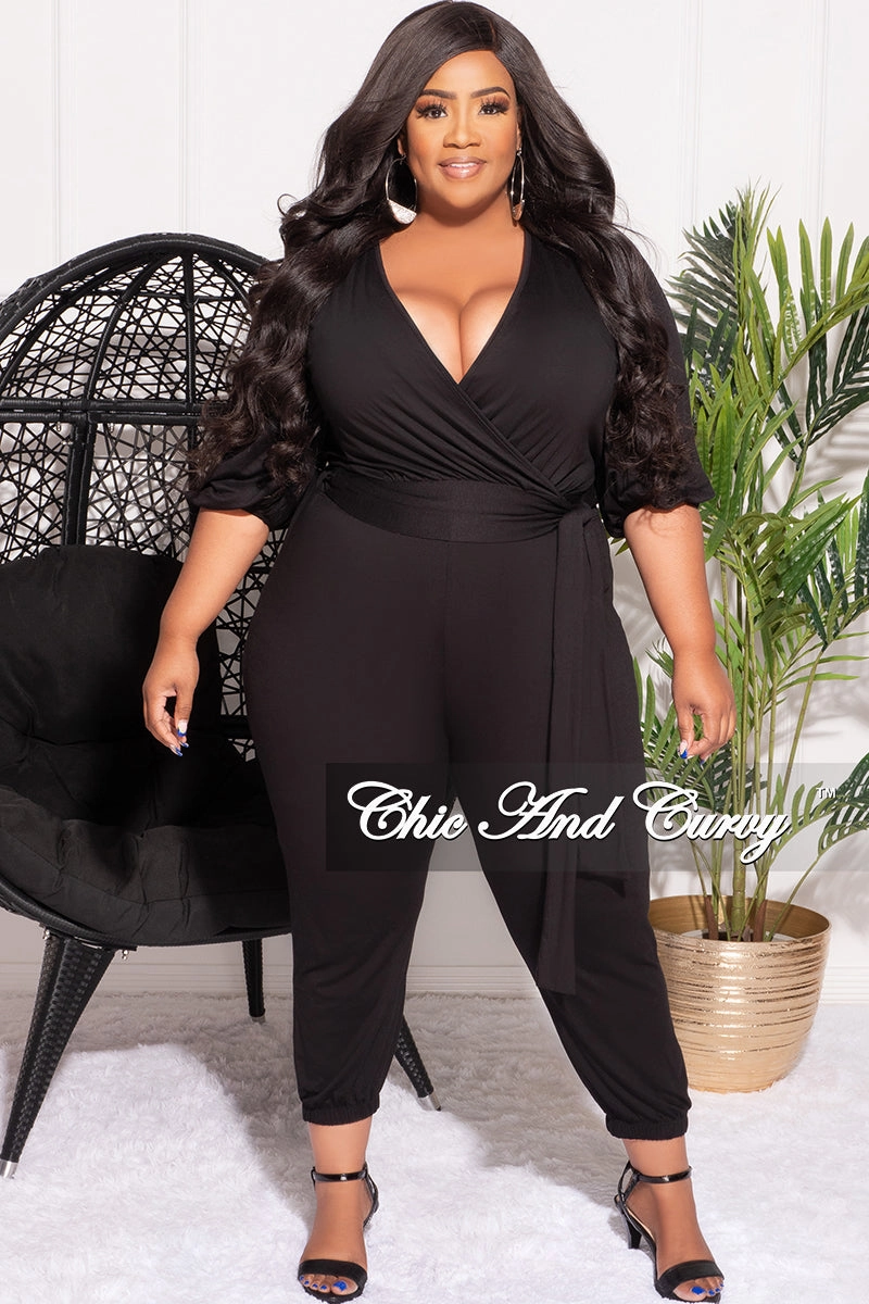 Comfortable Wear Final Sale Plus Size 2pc Faux Wrap Tie Top and Pants Set in Black