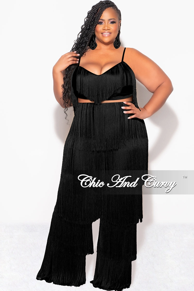 Final Sale Plus Size 2pc Fringe Layered Bra Top and Pants Set In Black Rubberized Hem