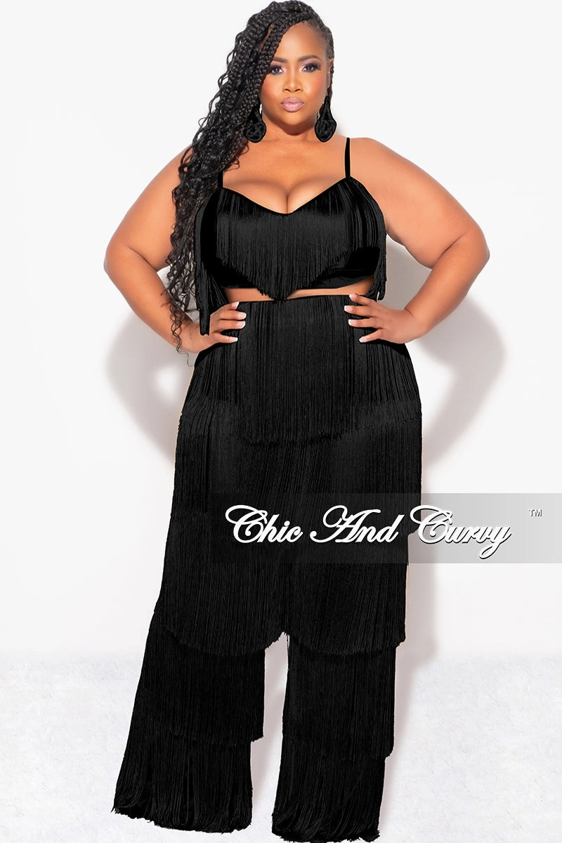 ReinforcedHemline Final Sale Plus Size 2pc Fringe Layered Bra Top and Pants Set In Black