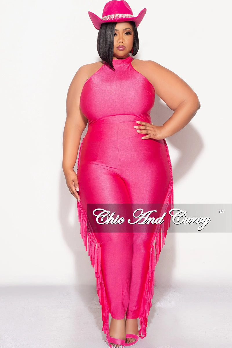 Stretchable Fabric Final Sale Plus Size 2pc Fringe Legging Set with Crop Top in Fuchsia