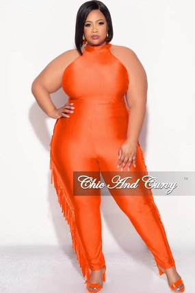 Elastic Free Cuffs Casual Look Final Sale Plus Size 2pc Fringe Legging Set with Crop Top in Orange