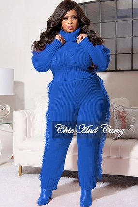 Daily Wear ElasticCuffs Final Sale Plus Size 2pc Fringe Sweater Pants Set in Royal Blue