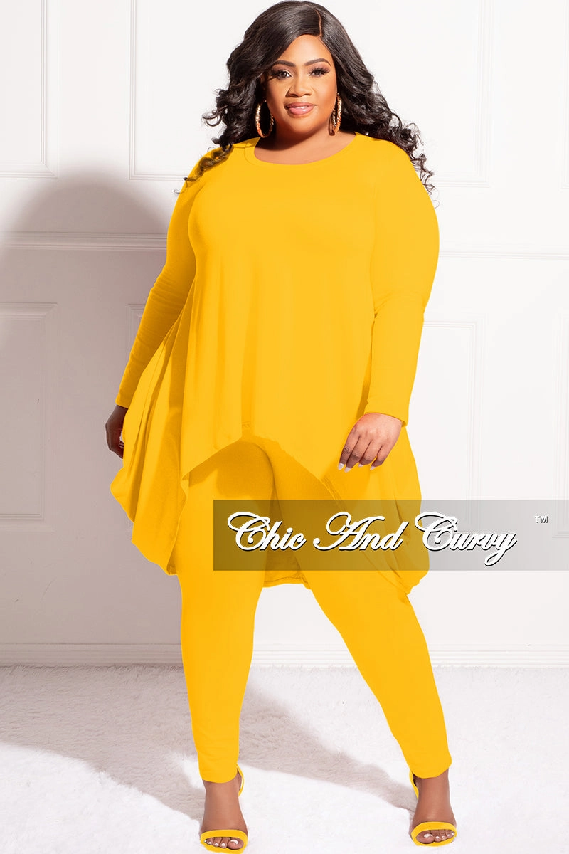 Final Sale Plus Size 2pc High Low Top and Leggings Set in Mustard Contoured Panel Design