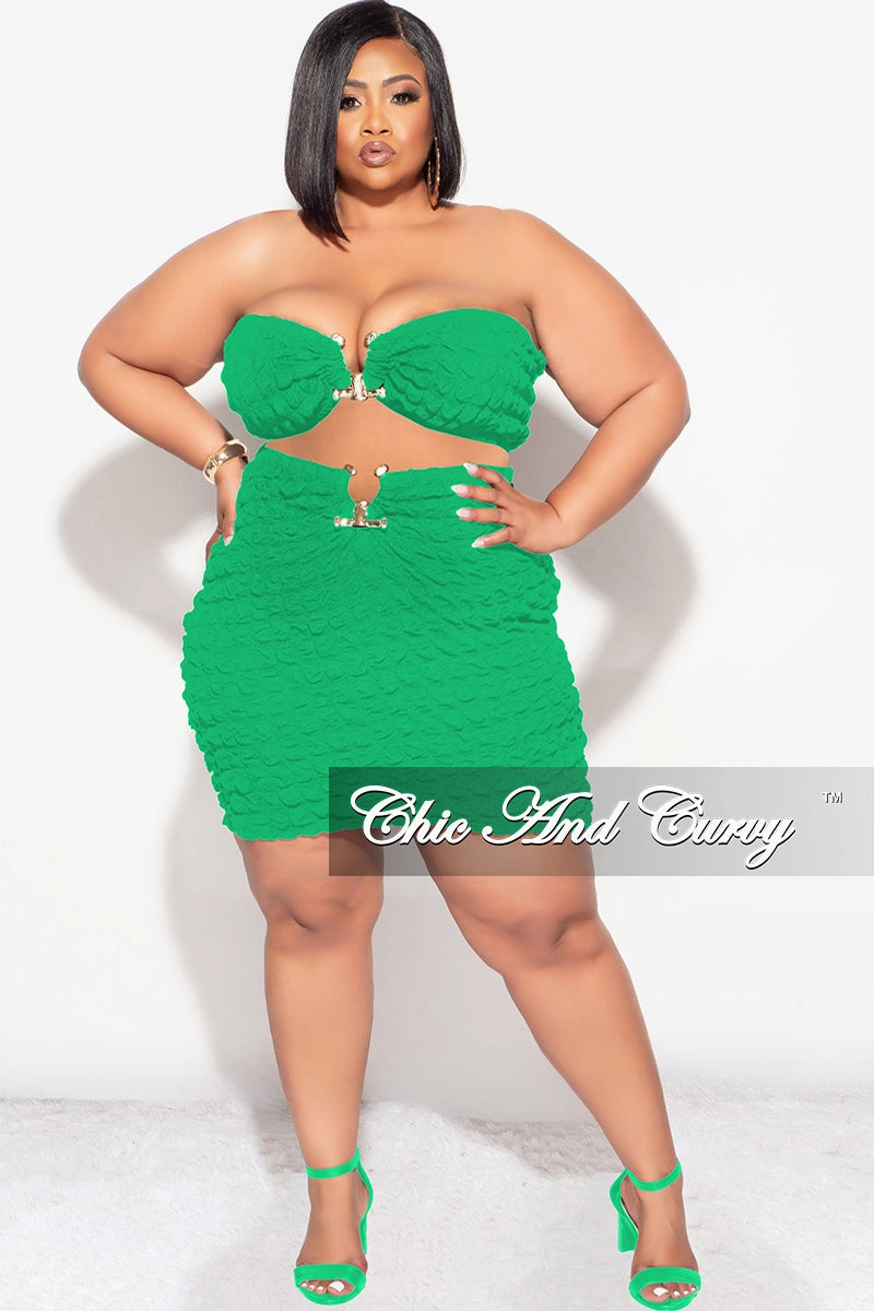 Final Sale Plus Size 2pc Honeycomb Texture Strapless Top and Skirt Set in Green Supportive Fit WrinkleFreeFinish