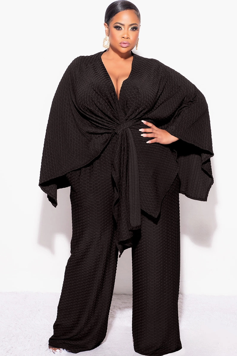 Final Sale Plus Size 2pc Honeycomb Texture Top and Pants Set in Black Soft Wear