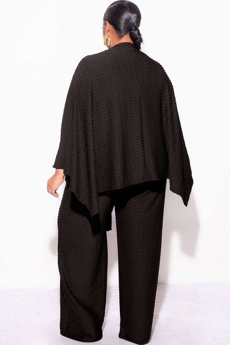 Final Sale Plus Size 2pc Honeycomb Texture Top and Pants Set in Black Comfortable Movement