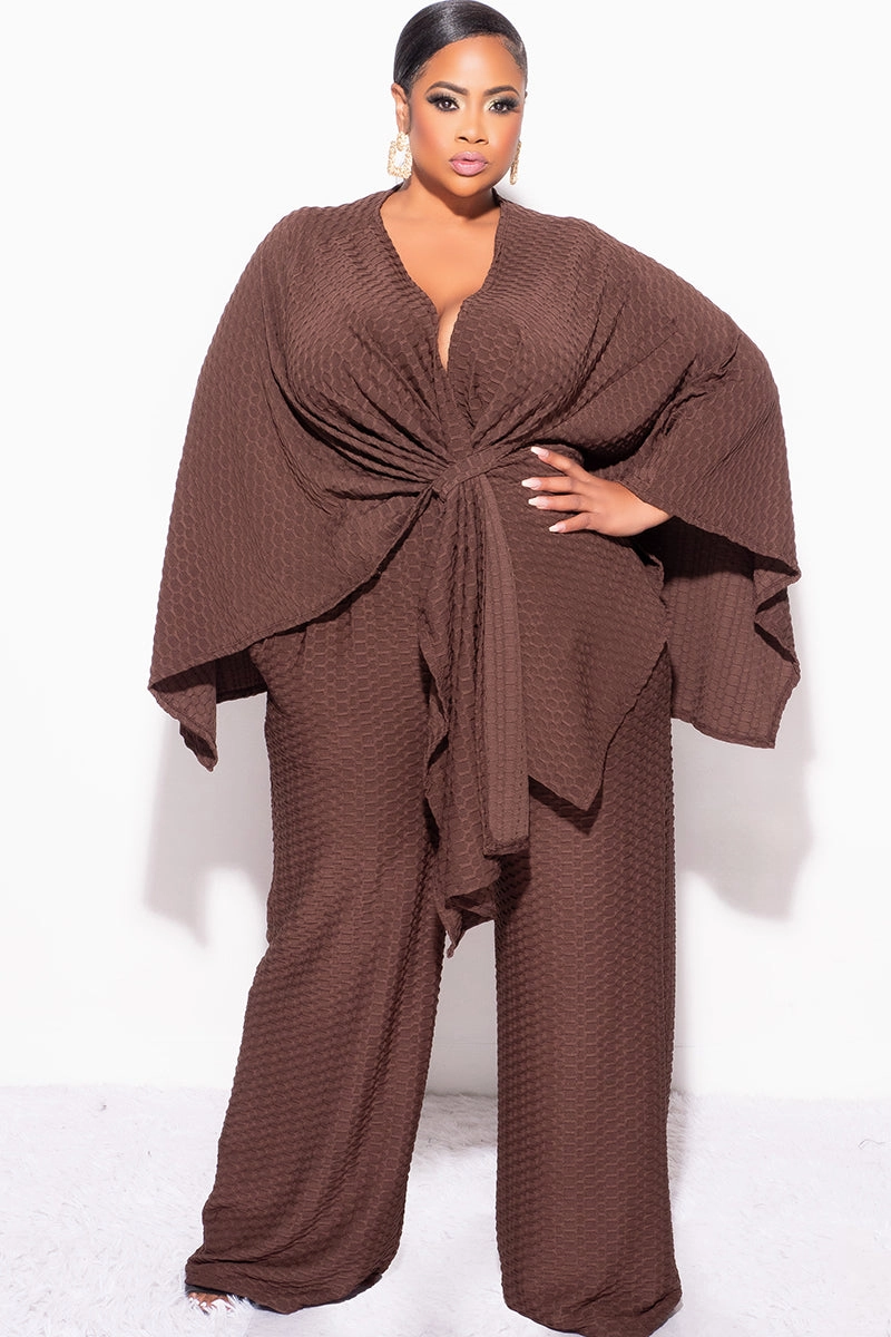 Final Sale Plus Size 2pc Honeycomb Texture Top and Pants Set in Brown Street Active