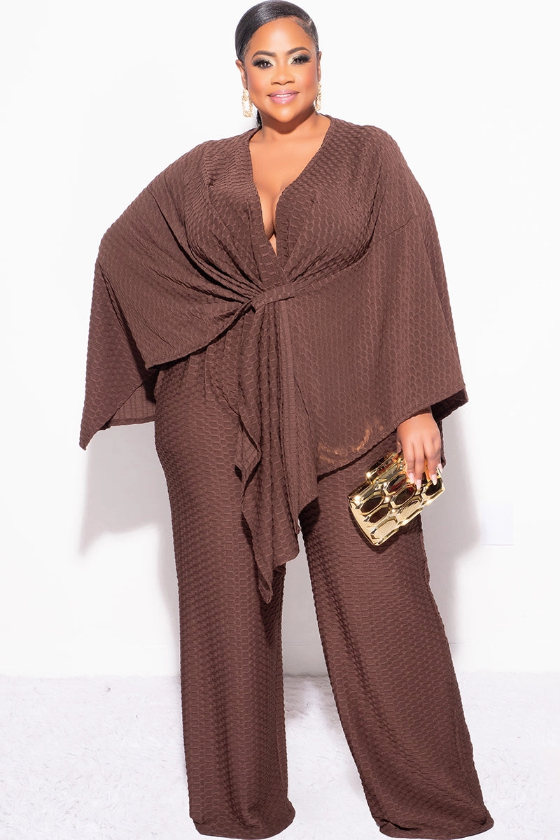 Final Sale Plus Size 2pc Honeycomb Texture Top and Pants Set in Brown Modern Design Lightweight Fit