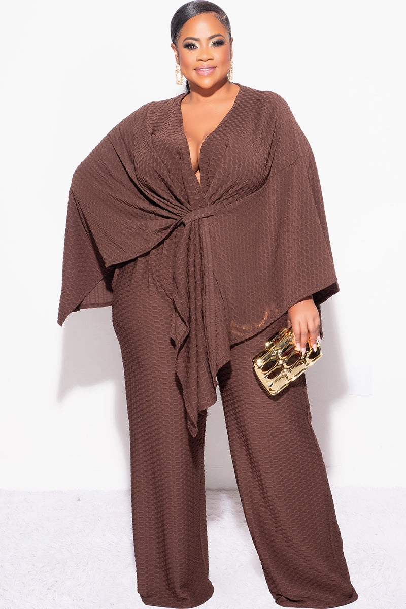 Final Sale Plus Size 2pc Honeycomb Texture Top and Pants Set in Brown Core Stretch