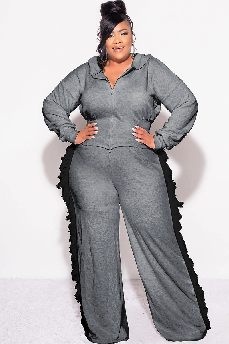 Travel Ready Weekend Adventure Final Sale Plus Size 2pc Hooded Pant Set in Charcoal with Black Tassels