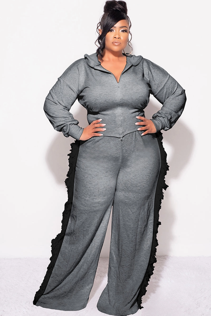 Sporty Touch Final Sale Plus Size 2pc Hooded Pant Set in Charcoal with Black Tassels