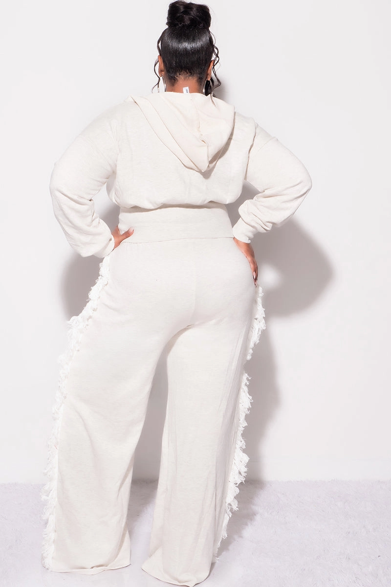 Final Sale Plus Size 2pc Hooded Tassel Pant Set in Ivory Grey Fashion-Forward