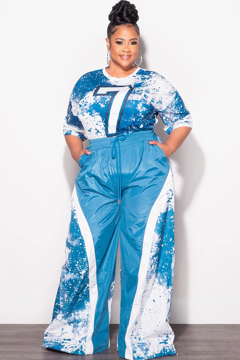 Final Sale Plus Size 2pc Jersey Crop Top  and Oversized Windbreaker Wide Leg Pants in  Blue and White All Day Comfort Double Needle Stitching