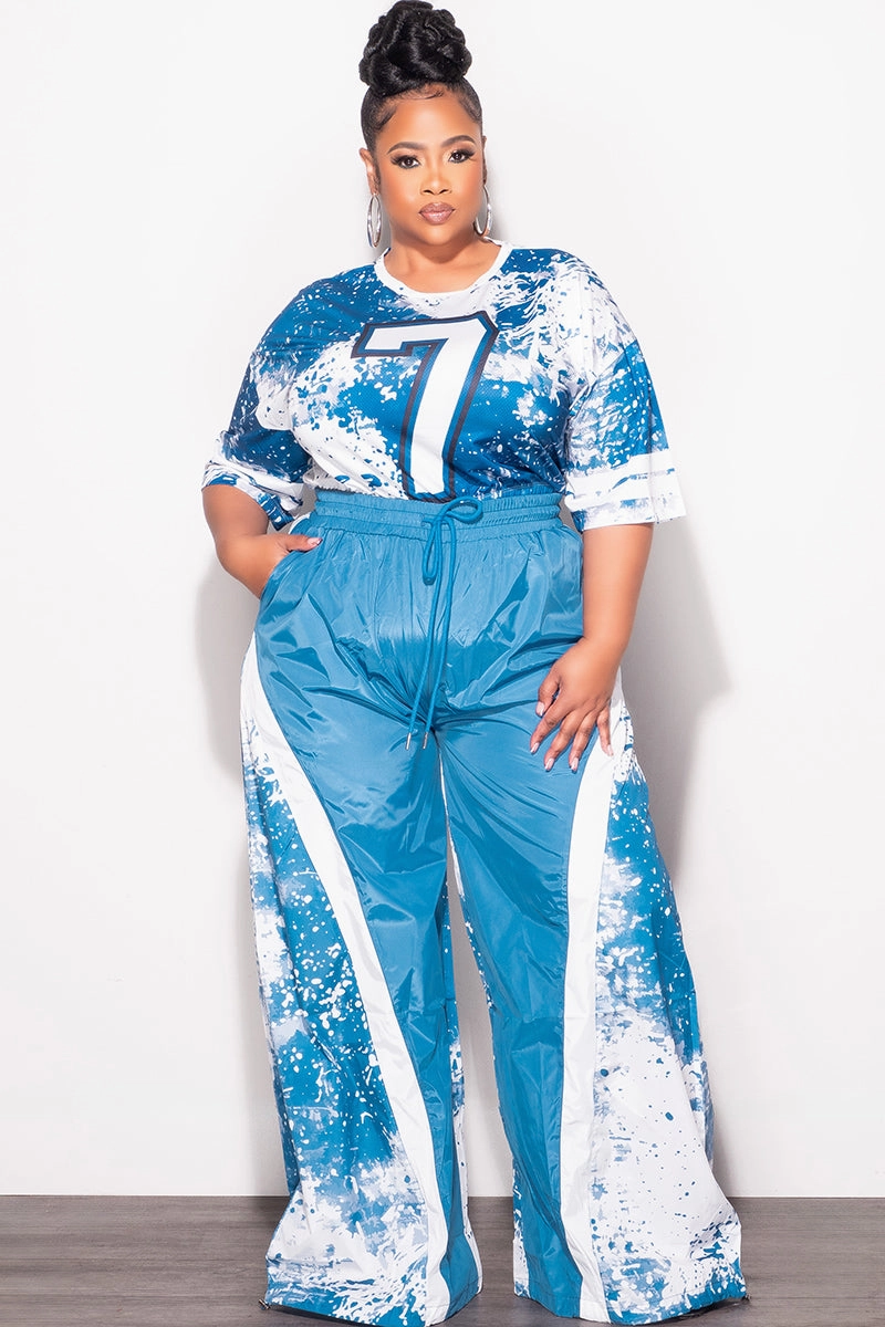 Final Sale Plus Size 2pc Jersey Crop Top  and Oversized Windbreaker Wide Leg Pants in  Blue and White Abrasion Resistant Surface Minimal Edge