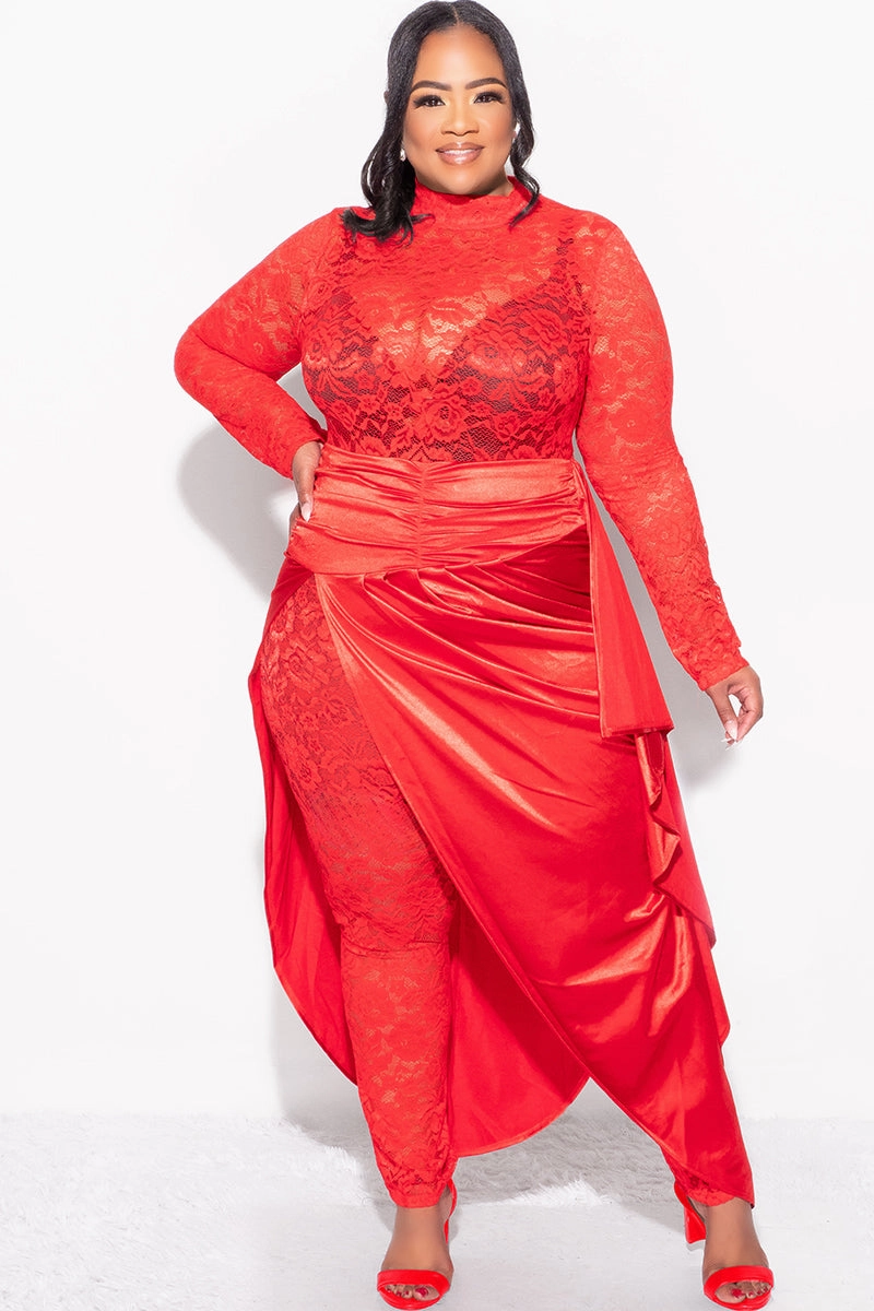 Final Sale Plus Size 2pc Lace Jumpsuit Set with Satin Skirt in Red Active Wear
