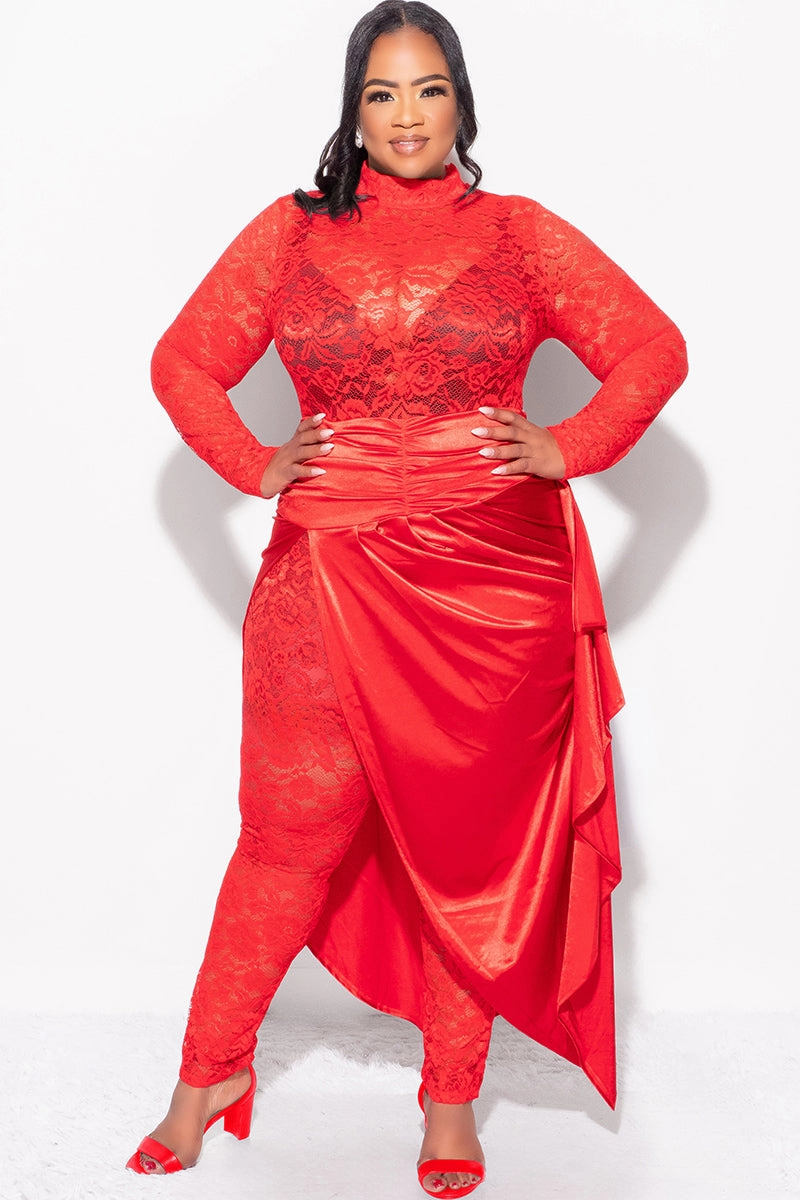 Final Sale Plus Size 2pc Lace Jumpsuit Set with Satin Skirt in Red All Day Comfort Fit Quick Release Closure
