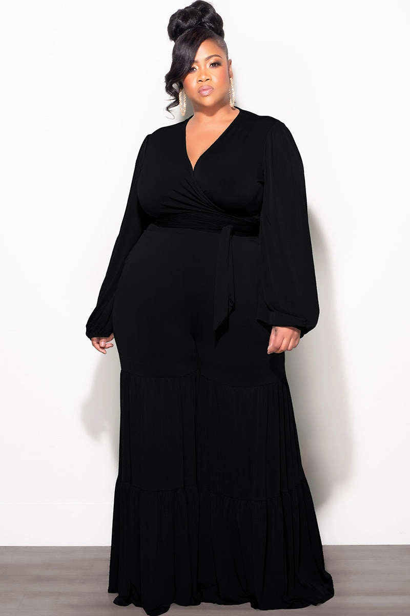 Fit Freedom Final Sale Plus Size 2pc Long Sleeve Crop Tie Top and 3-Layer Pants Set in Black