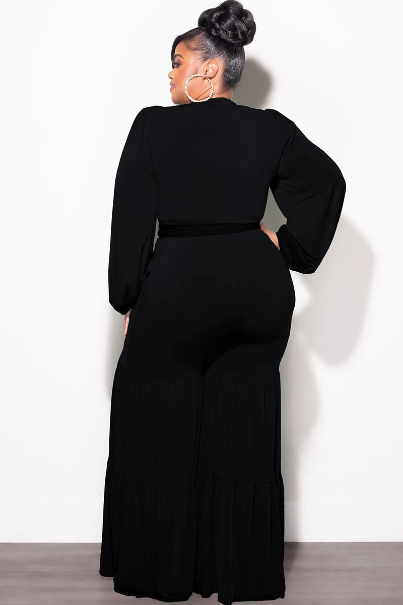 Fashionable Look Final Sale Plus Size 2pc Long Sleeve Crop Tie Top and 3-Layer Pants Set in Black