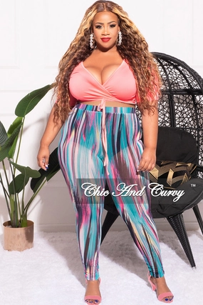 Work Ready Final Sale Plus Size 2pc Long Sleeve Crop Tie Top and Mesh Pants in Neon Pink Multi Color