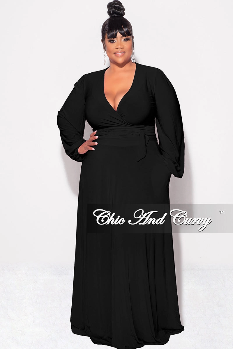 Breathable Lining Final Sale Plus Size 2pc Long Sleeve Crop Tie Top and Skirt Set in Black