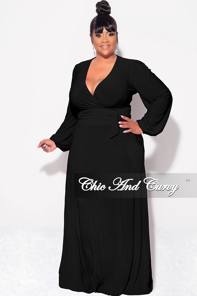 Non slip grip Final Sale Plus Size 2pc Long Sleeve Crop Tie Top and Skirt Set in Black