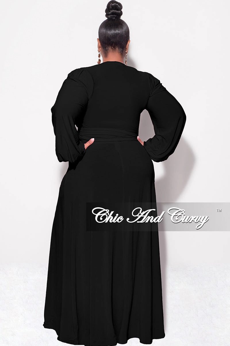 Final Sale Plus Size 2pc Long Sleeve Crop Tie Top and Skirt Set in Black Sporty Fit