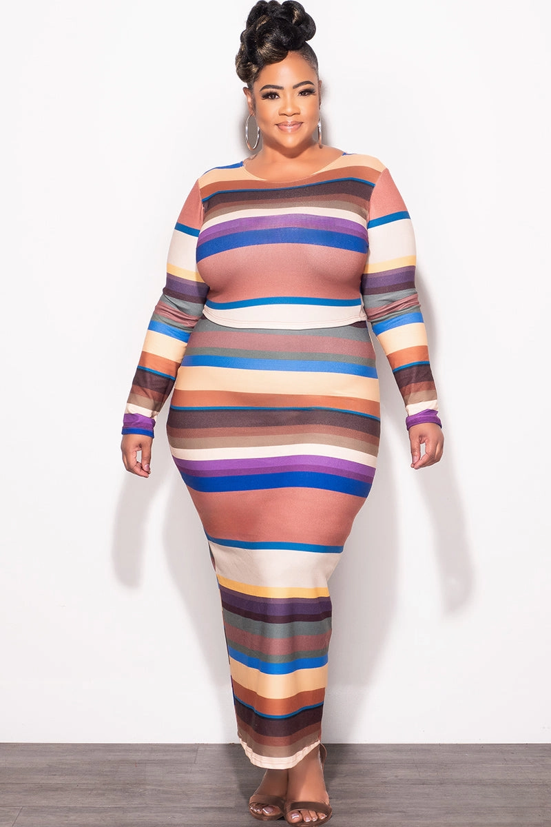 Thermal regulation Final Sale Plus Size 2pc Long Sleeve Crop Top and Skirt Set in Multi Color Stripe Print