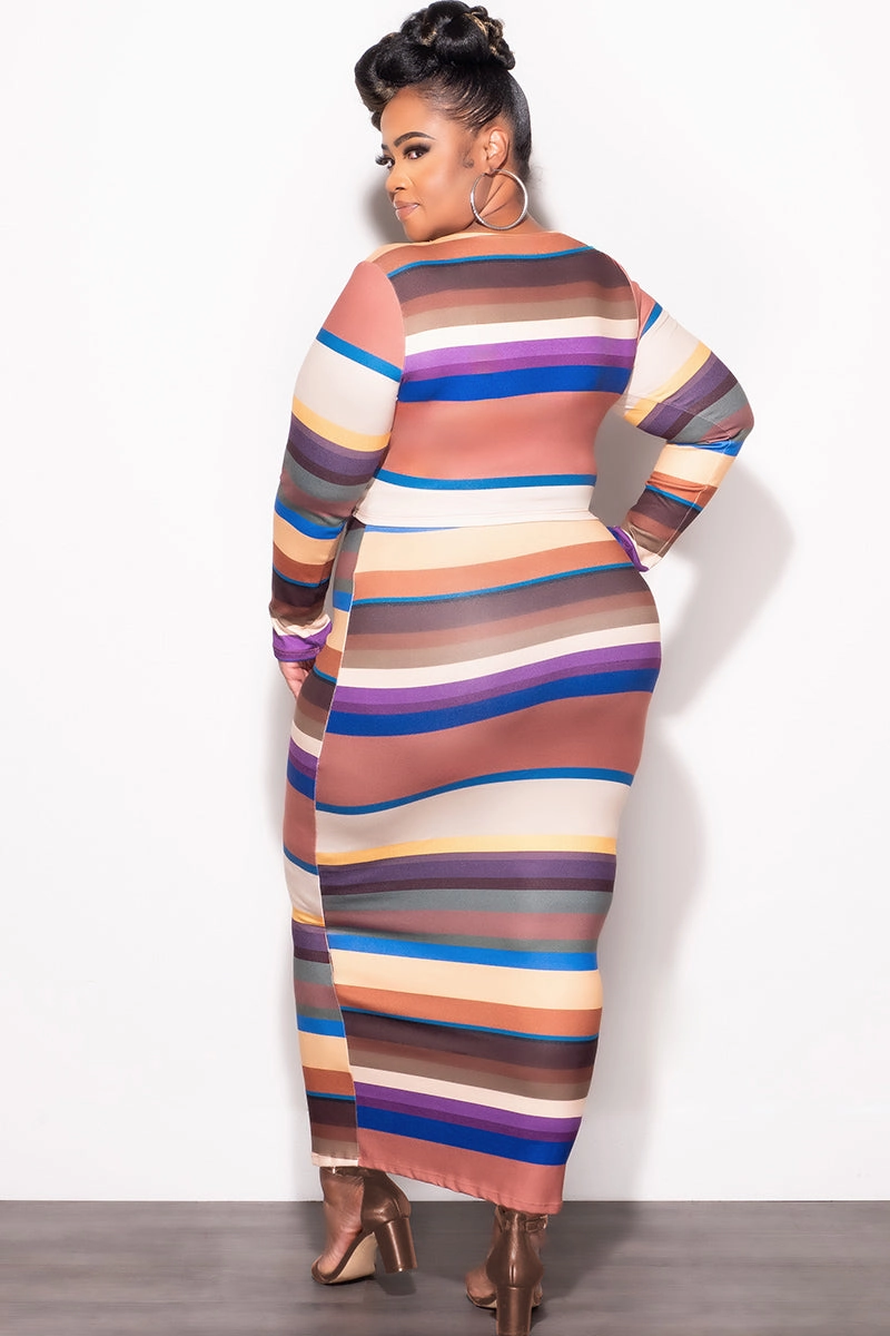 Final Sale Plus Size 2pc Long Sleeve Crop Top and Skirt Set in Multi Color Stripe Print FadeResistant Flattering Style