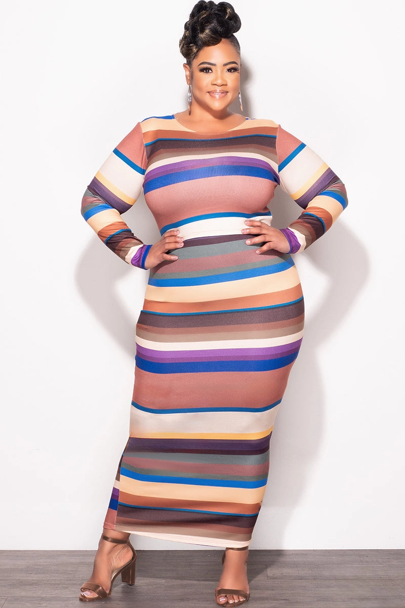 Final Sale Plus Size 2pc Long Sleeve Crop Top and Skirt Set in Multi Color Stripe Print Timeless Utility
