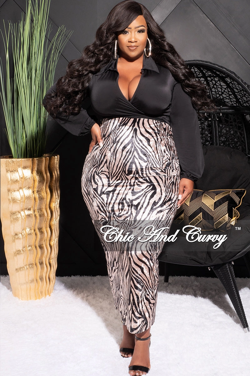 Final Sale Plus Size 2pc Long Sleeve Faux Wrap Collar Black Crop Tie Top and Skirt Set in Velvet Zebra Print Athletic Comfort